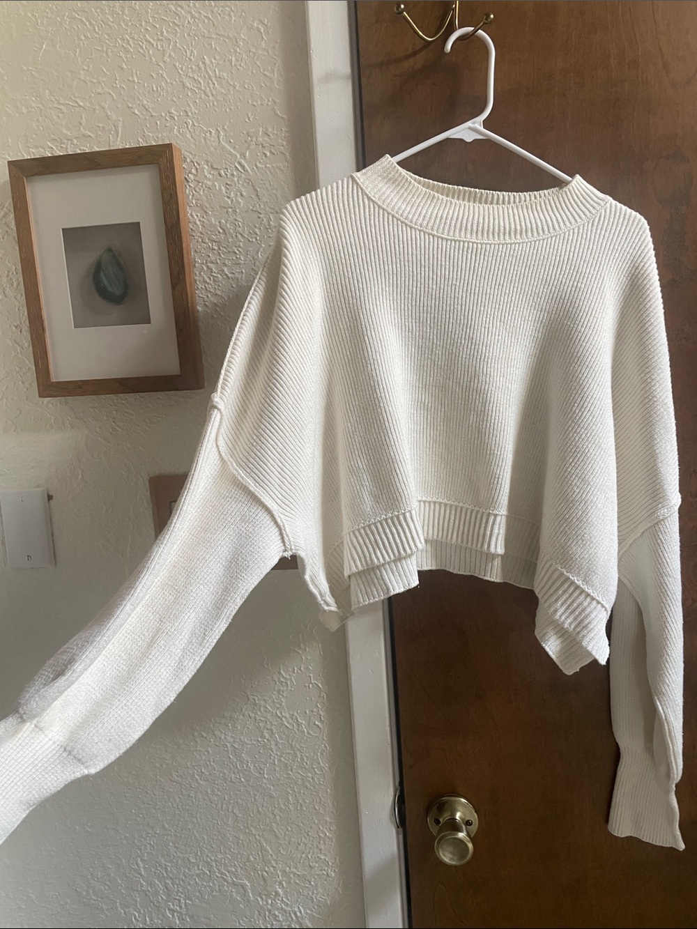 Free People Cream Ribbed Cropped Crewneck Sweater